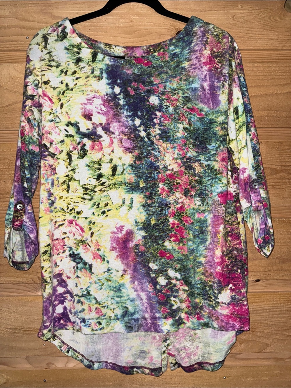 Parsley & Sage Multi Floral Top - tab slouch sleeves , mother of pearl buttons